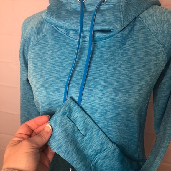 Athleta Teal Blue Ascend Workout Cowl Neck Fleece Lined Hoodie Sweatshirt Size S - Picture 4 of 8
